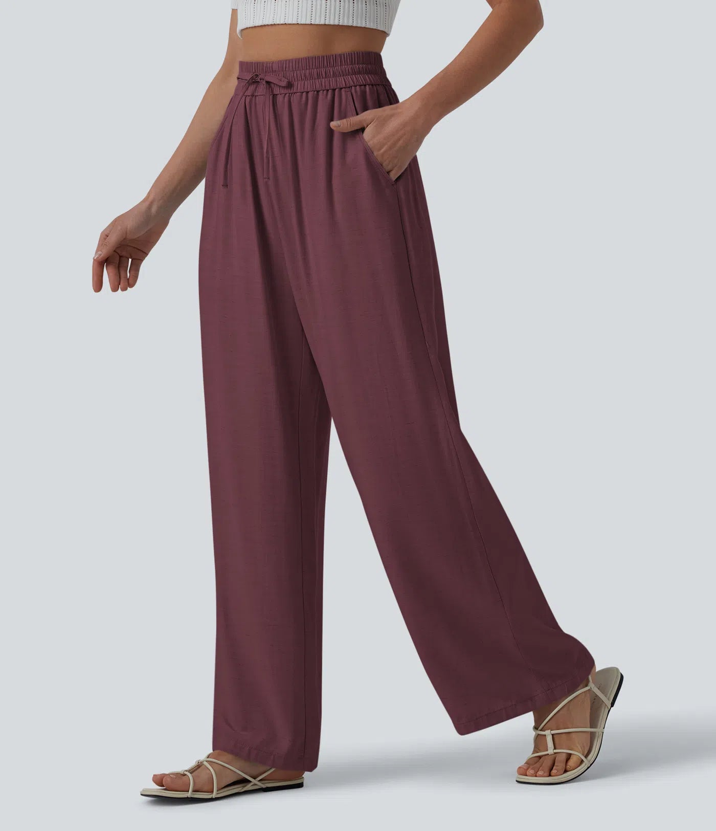 High Waisted Drawstring Wide Leg Casual Linen-Blend Pants with Pockets
