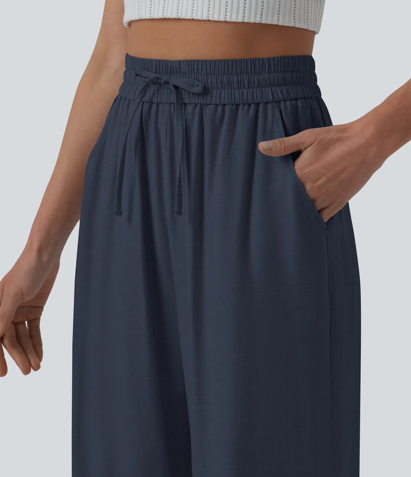 High Waisted Drawstring Wide Leg Casual Linen-Blend Pants with Pockets