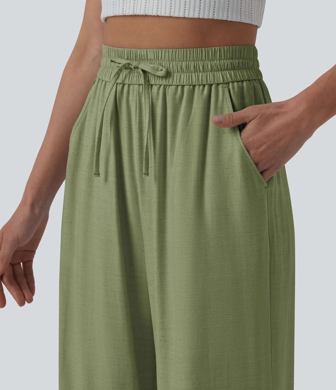 High Waisted Drawstring Wide Leg Casual Linen-Blend Pants with Pockets