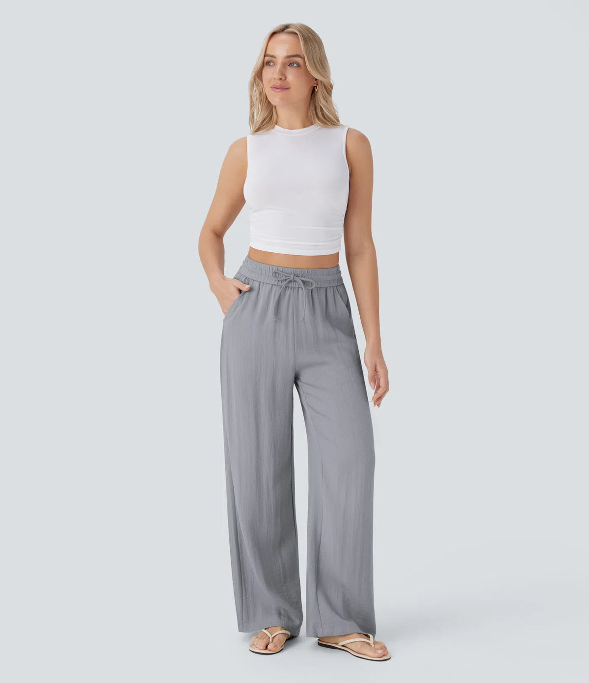High Waisted Drawstring Pocket Wide Leg Baggy Casual Linen-Feel Pants
