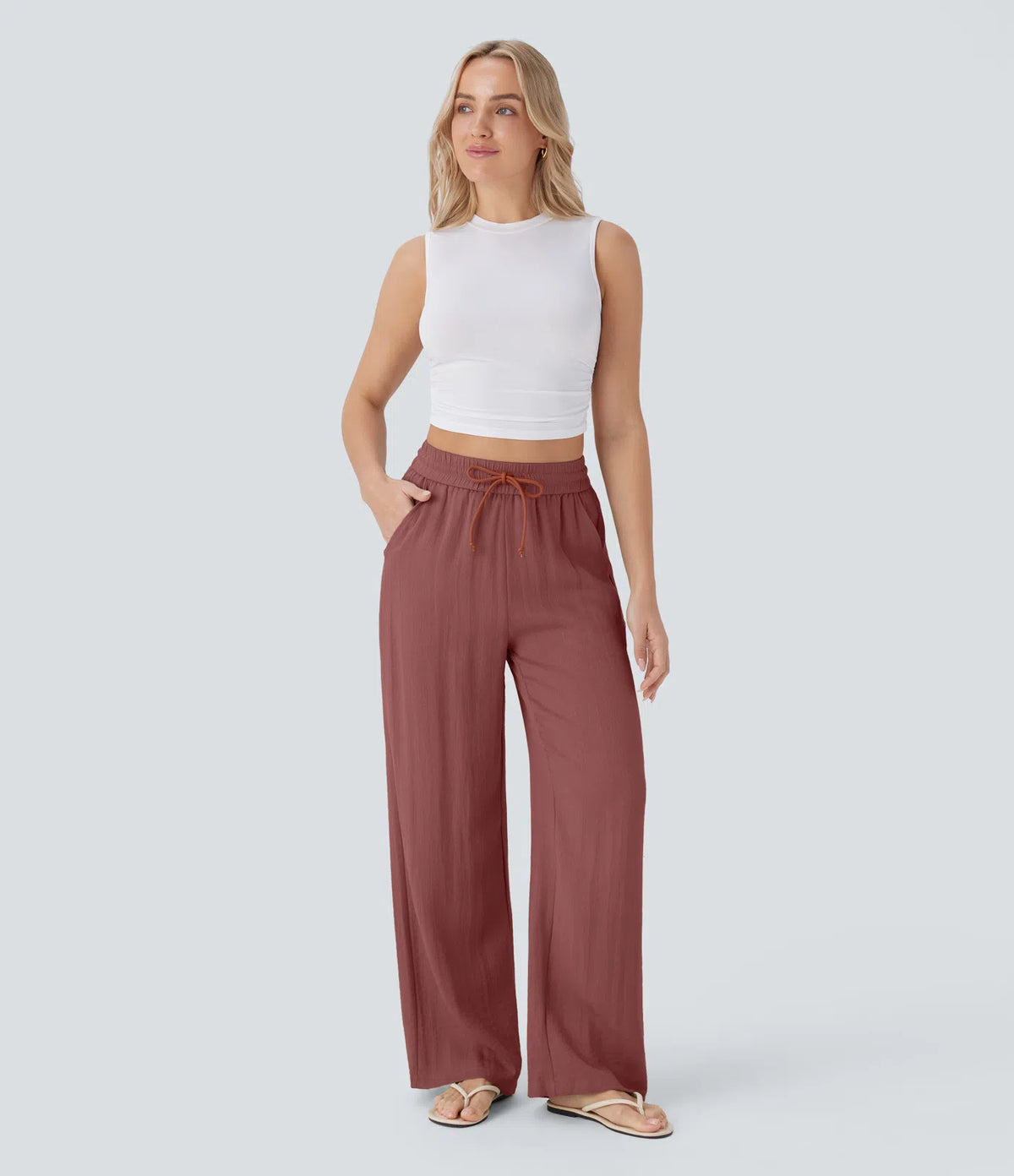 High Waisted Drawstring Pocket Wide Leg Baggy Casual Linen-Feel Pants