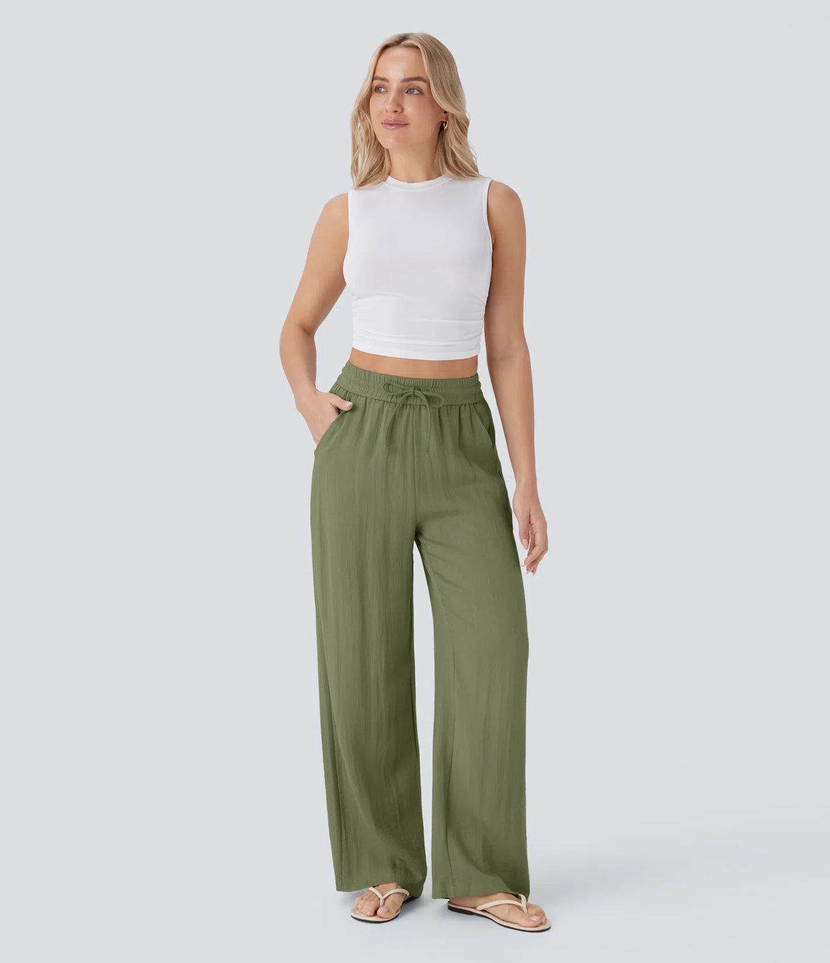 High Waisted Drawstring Pocket Wide Leg Baggy Casual Linen-Feel Pants