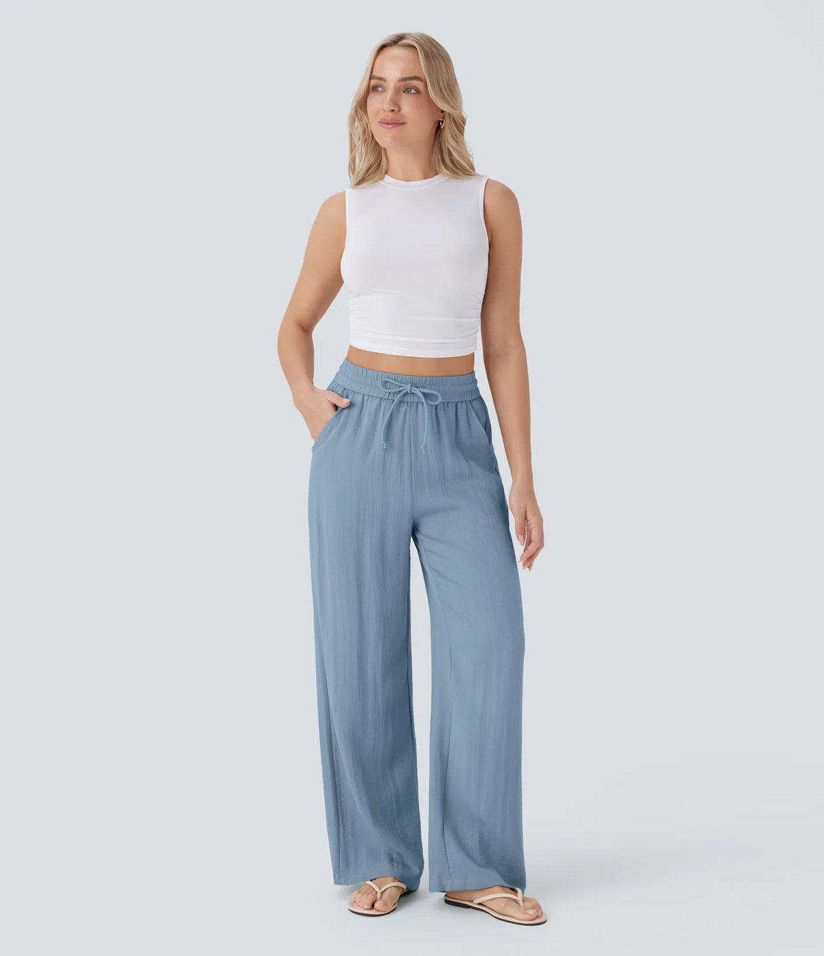 High Waisted Drawstring Pocket Wide Leg Baggy Casual Linen-Feel Pants