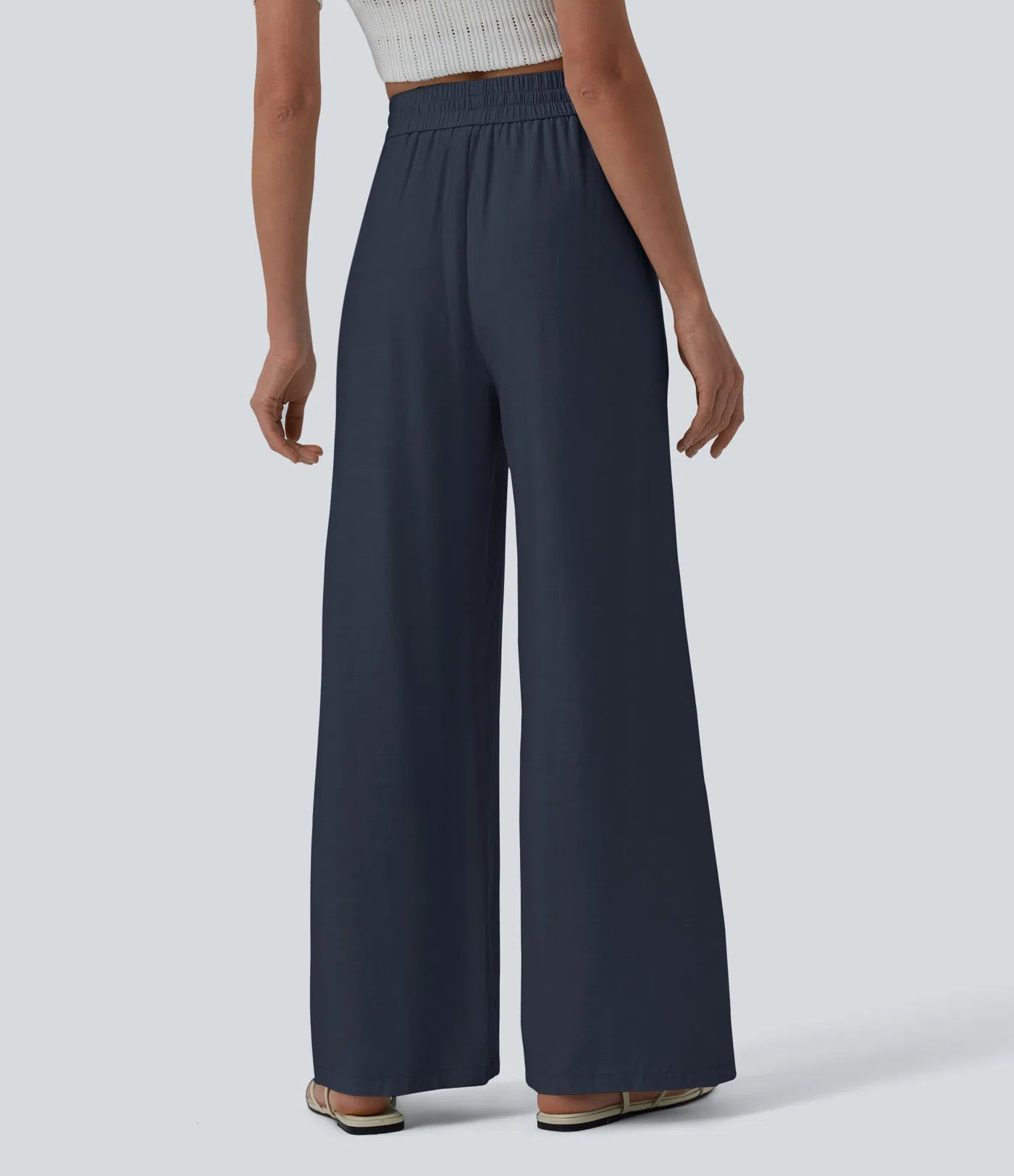 High Waisted Drawstring Wide Leg Casual Linen-Blend Pants with Pockets