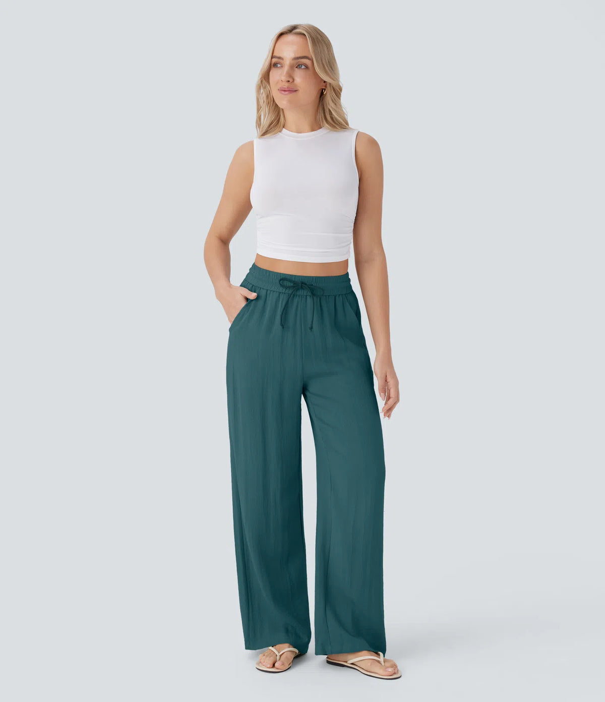 High Waisted Drawstring Pocket Wide Leg Baggy Casual Linen-Feel Pants