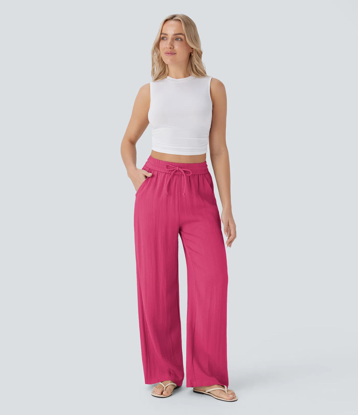 High Waisted Drawstring Pocket Wide Leg Baggy Casual Linen-Feel Pants
