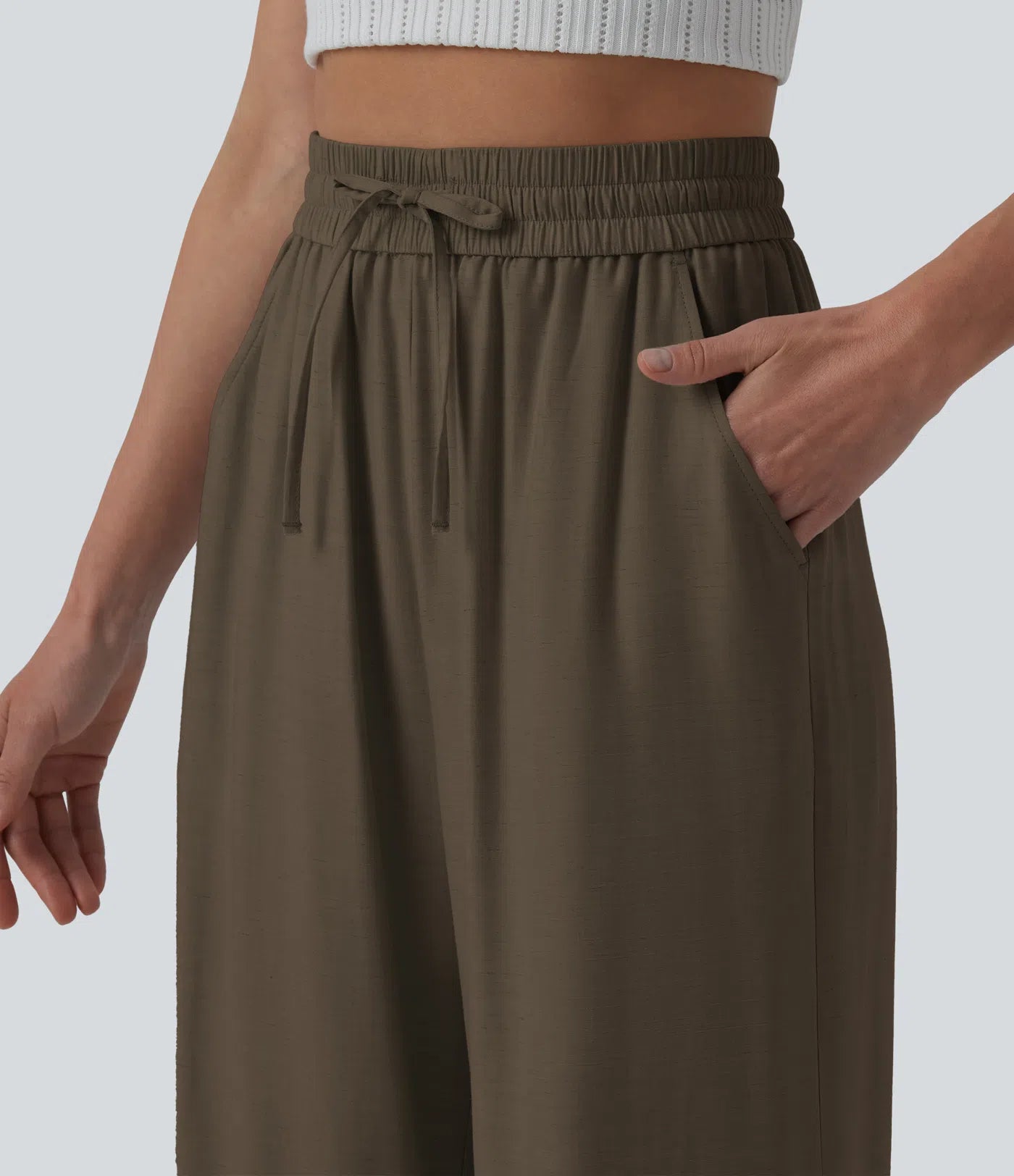 High Waisted Drawstring Wide Leg Casual Linen-Blend Pants with Pockets