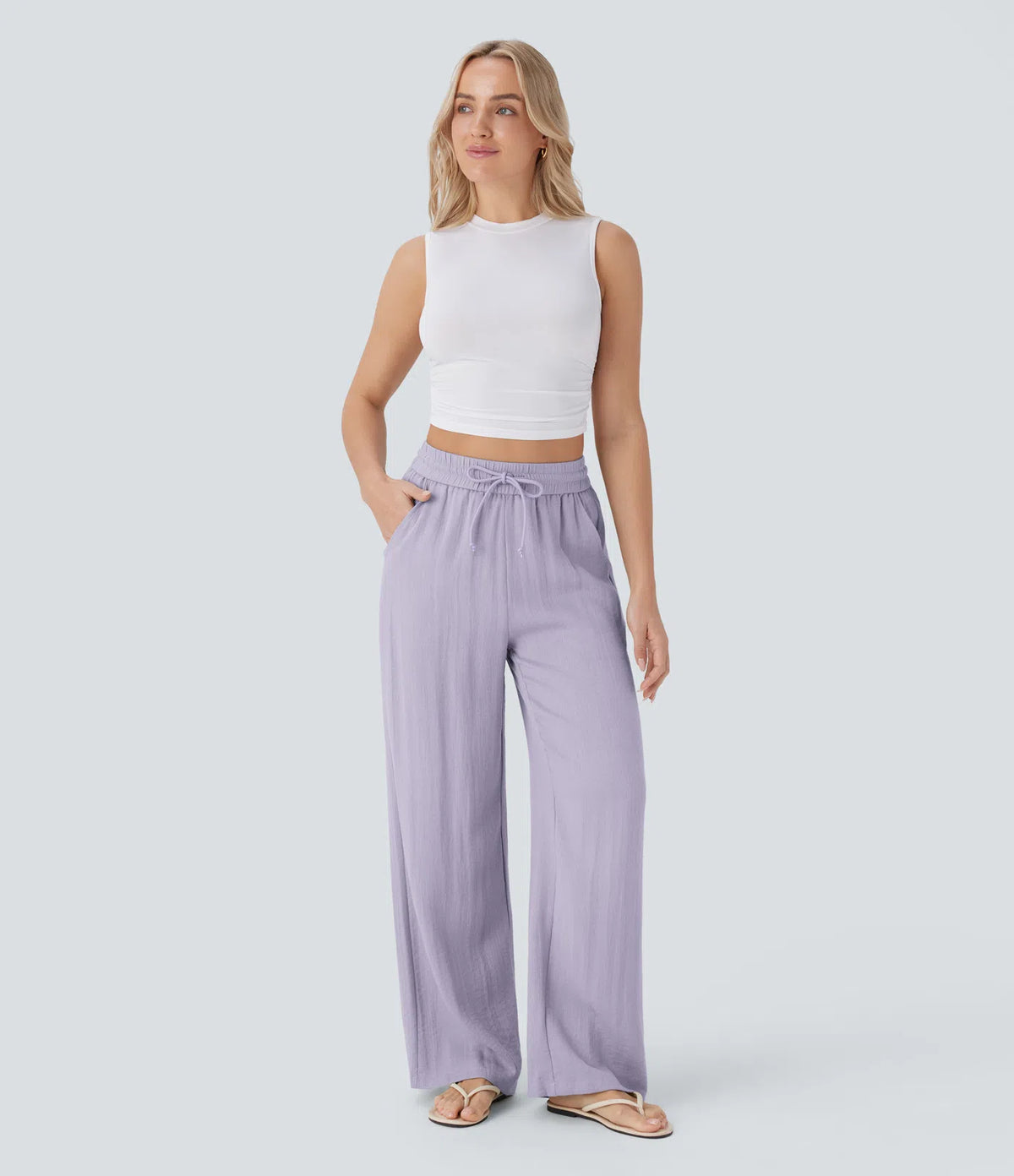 High Waisted Drawstring Pocket Wide Leg Baggy Casual Linen-Feel Pants