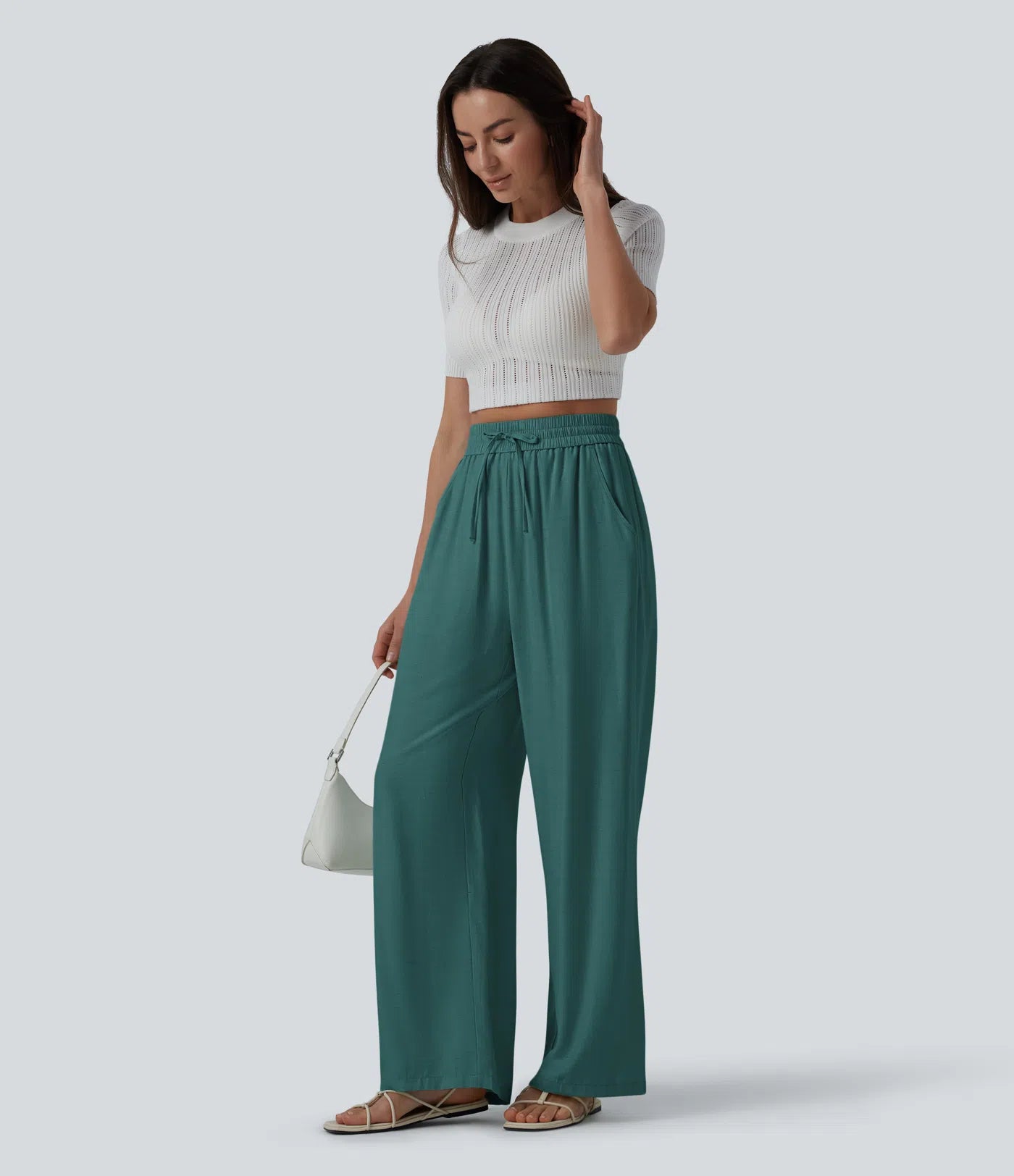 High Waisted Drawstring Wide Leg Casual Linen-Blend Pants with Pockets