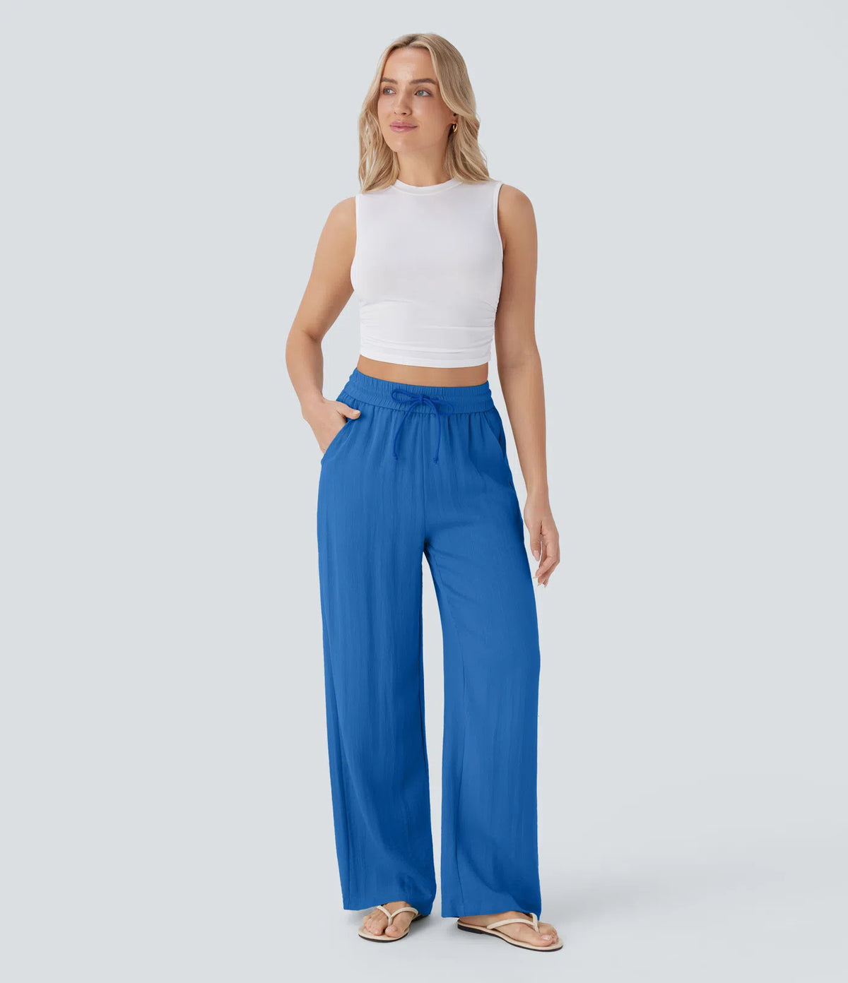 High Waisted Drawstring Pocket Wide Leg Baggy Casual Linen-Feel Pants