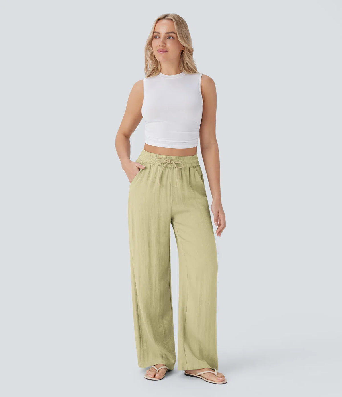 High Waisted Drawstring Pocket Wide Leg Baggy Casual Linen-Feel Pants