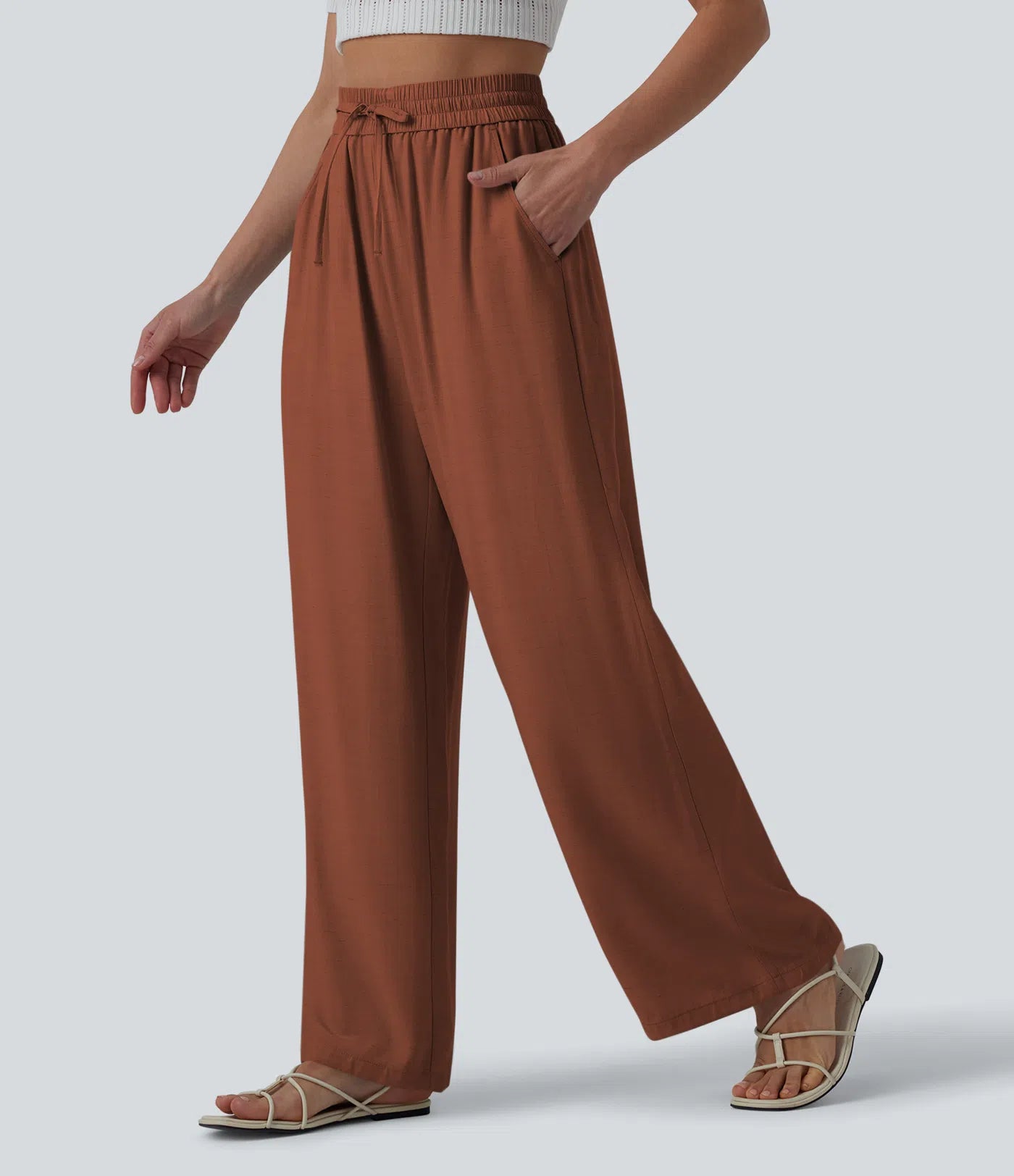 High Waisted Drawstring Wide Leg Casual Linen-Blend Pants with Pockets