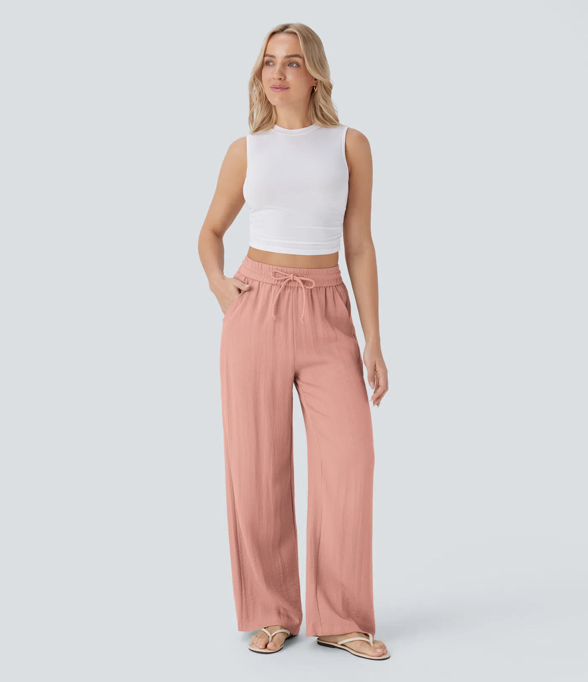 High Waisted Drawstring Pocket Wide Leg Baggy Casual Linen-Feel Pants
