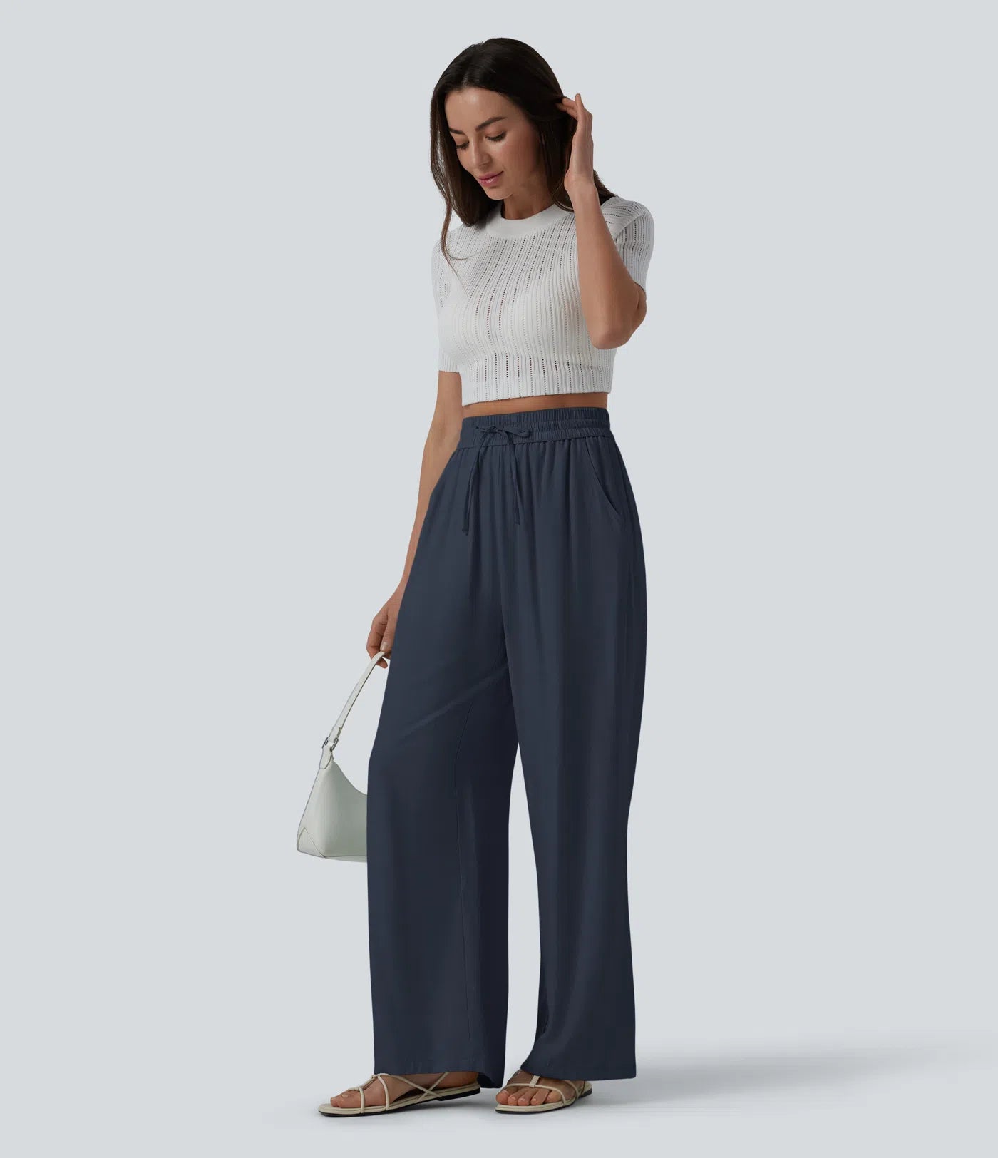 High Waisted Drawstring Wide Leg Casual Linen-Blend Pants with Pockets