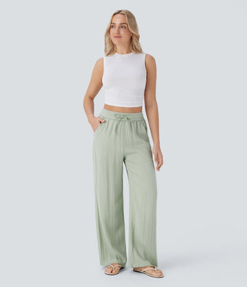 High Waisted Drawstring Pocket Wide Leg Baggy Casual Linen-Feel Pants