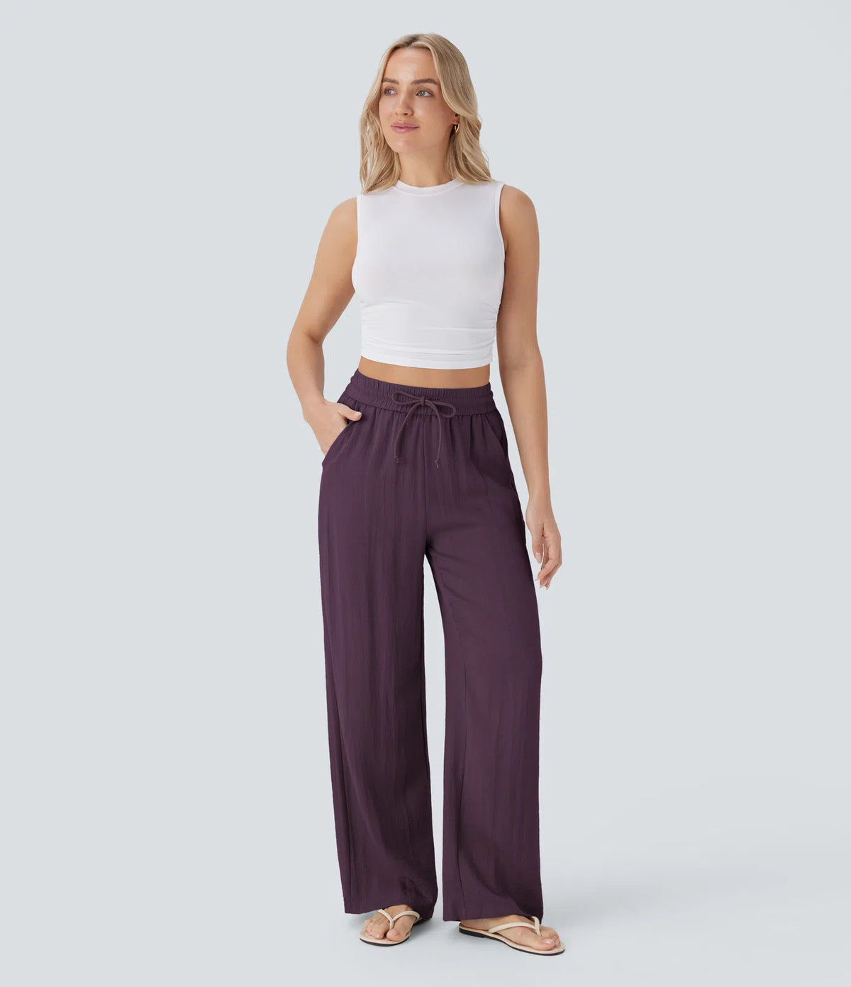 High Waisted Drawstring Pocket Wide Leg Baggy Casual Linen-Feel Pants