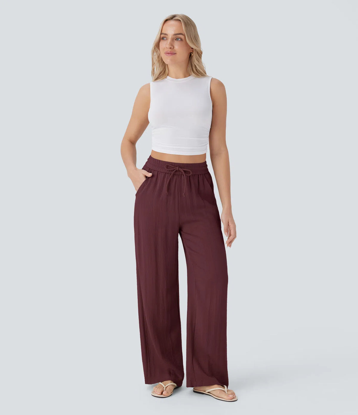 High Waisted Drawstring Pocket Wide Leg Baggy Casual Linen-Feel Pants