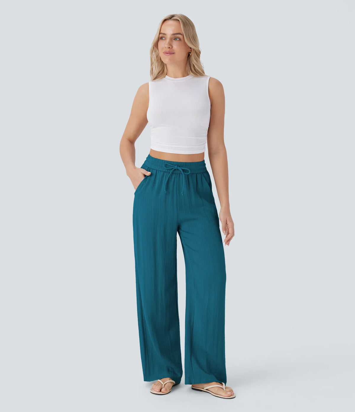 High Waisted Drawstring Pocket Wide Leg Baggy Casual Linen-Feel Pants