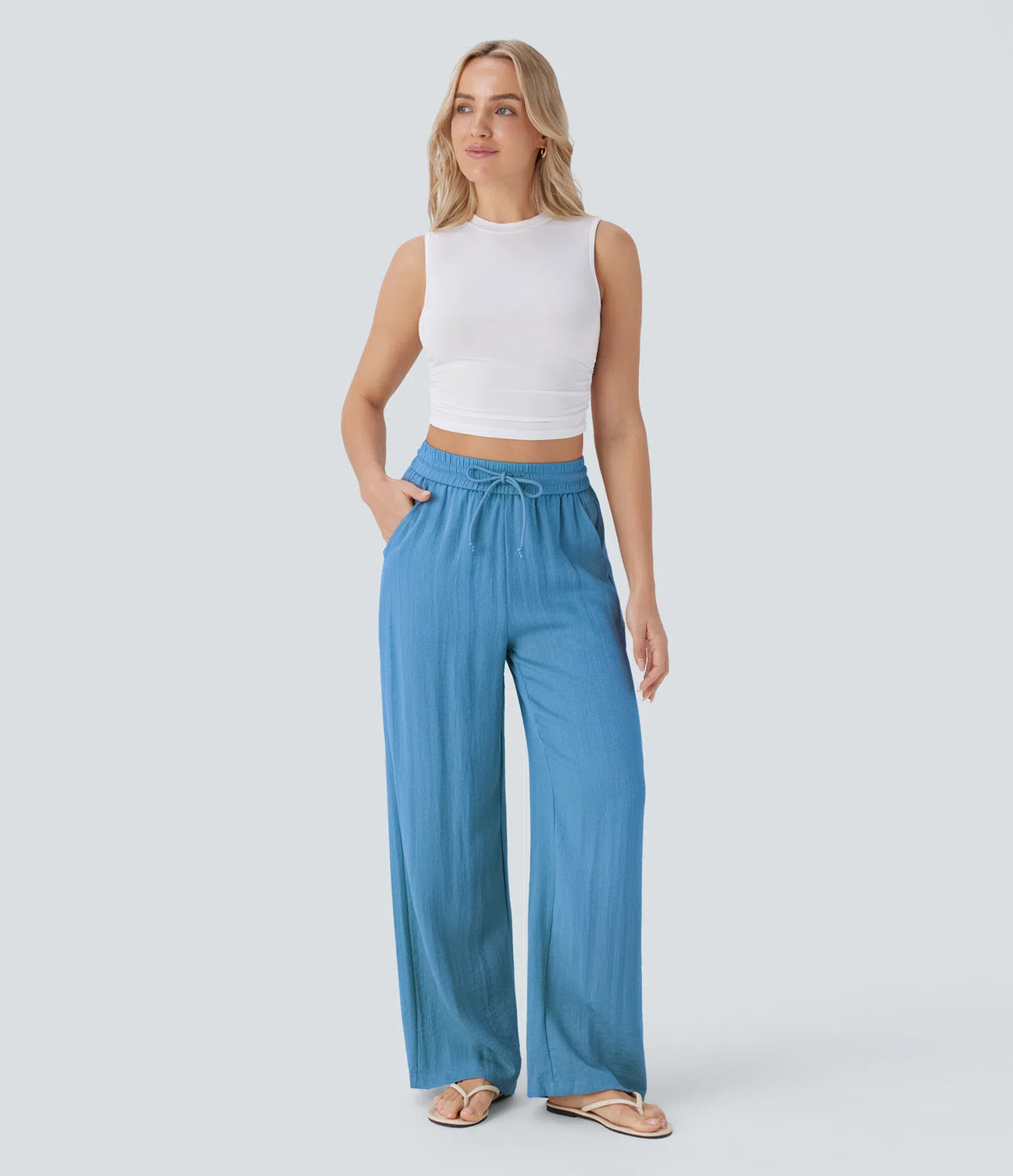 High Waisted Drawstring Pocket Wide Leg Baggy Casual Linen-Feel Pants