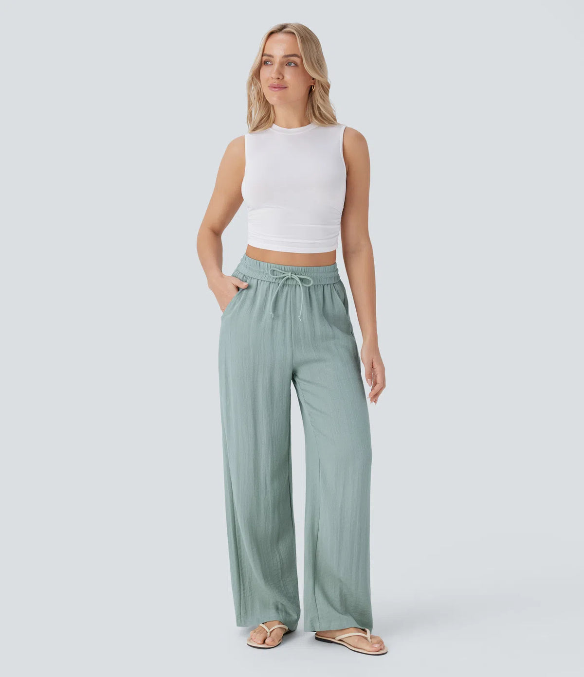 High Waisted Drawstring Pocket Wide Leg Baggy Casual Linen-Feel Pants