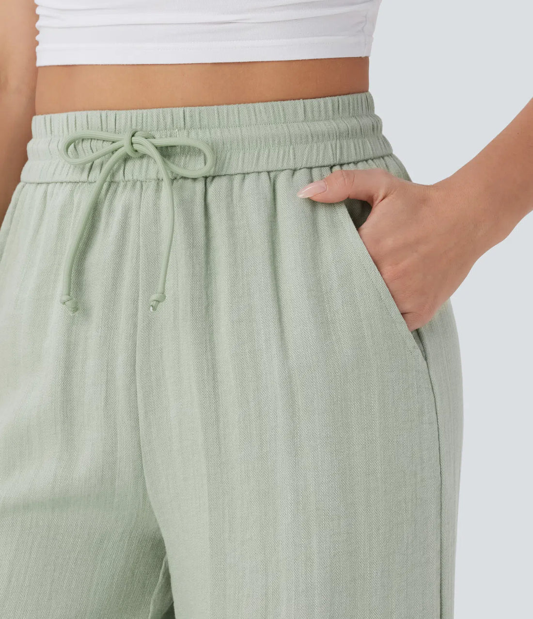 High Waisted Drawstring Pocket Wide Leg Baggy Casual Linen-Feel Pants