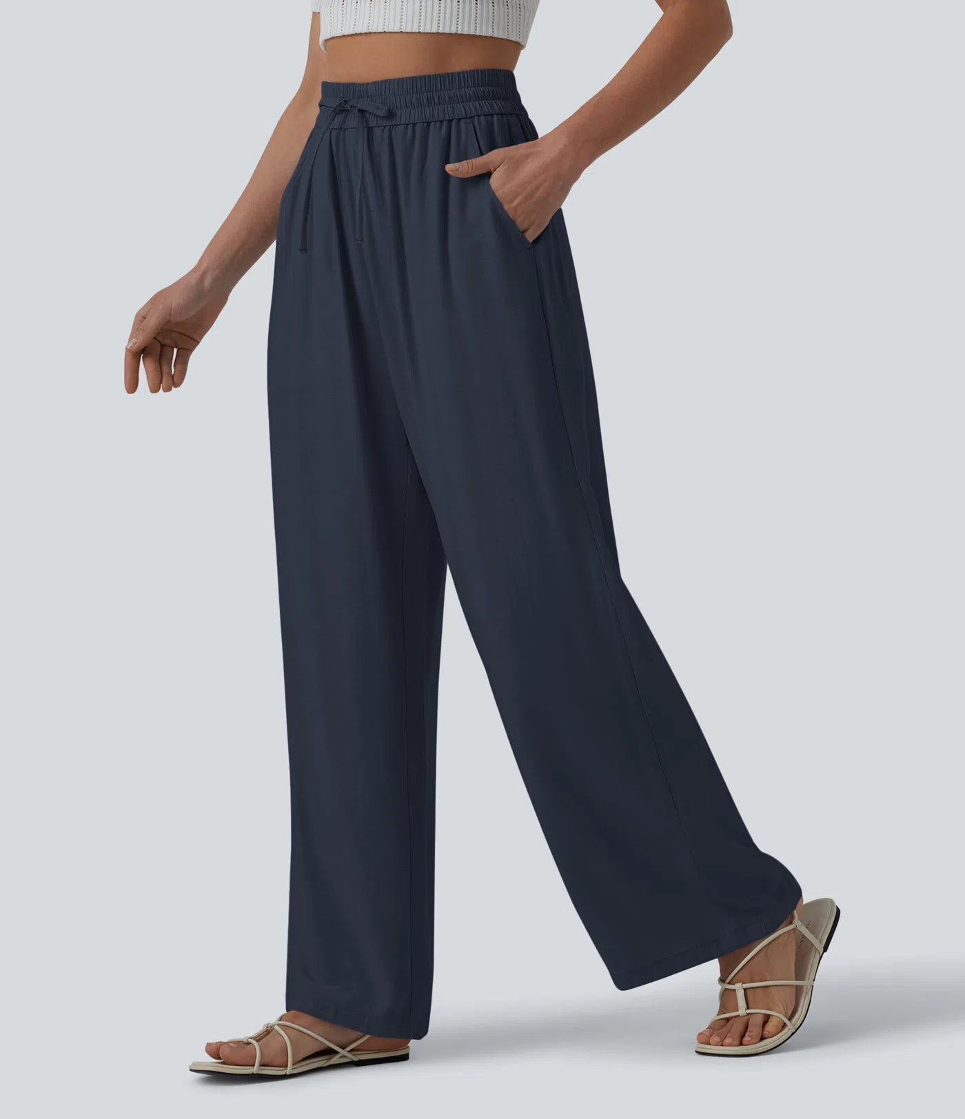 High Waisted Drawstring Wide Leg Casual Linen-Blend Pants with Pockets