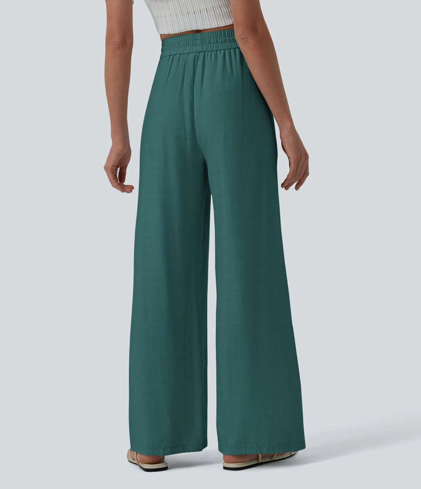 High Waisted Drawstring Wide Leg Casual Linen-Blend Pants with Pockets