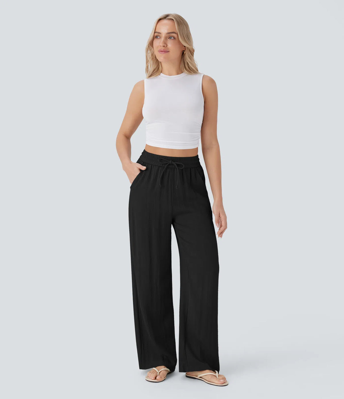 High Waisted Drawstring Pocket Wide Leg Baggy Casual Linen-Feel Pants