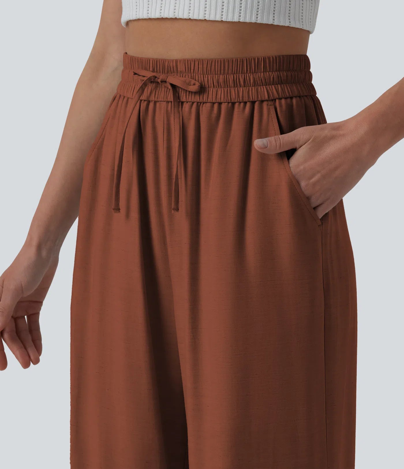 High Waisted Drawstring Wide Leg Casual Linen-Blend Pants with Pockets