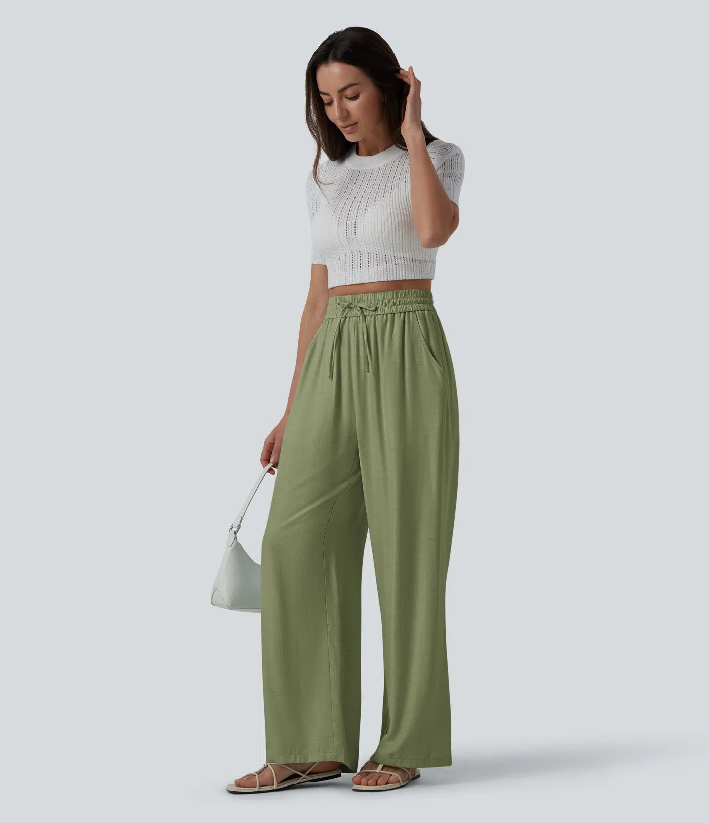 High Waisted Drawstring Wide Leg Casual Linen-Blend Pants with Pockets