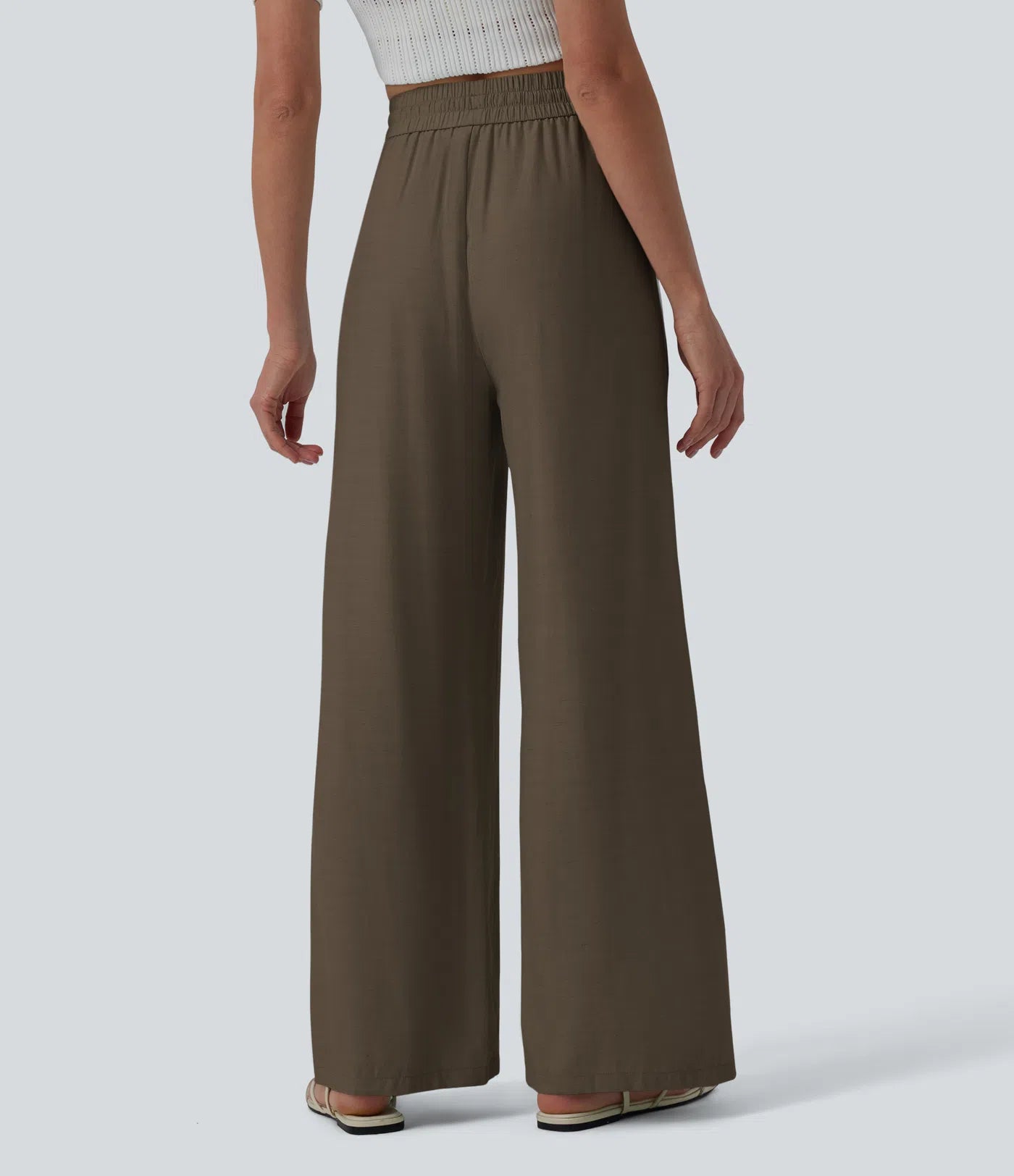 High Waisted Drawstring Wide Leg Casual Linen-Blend Pants with Pockets
