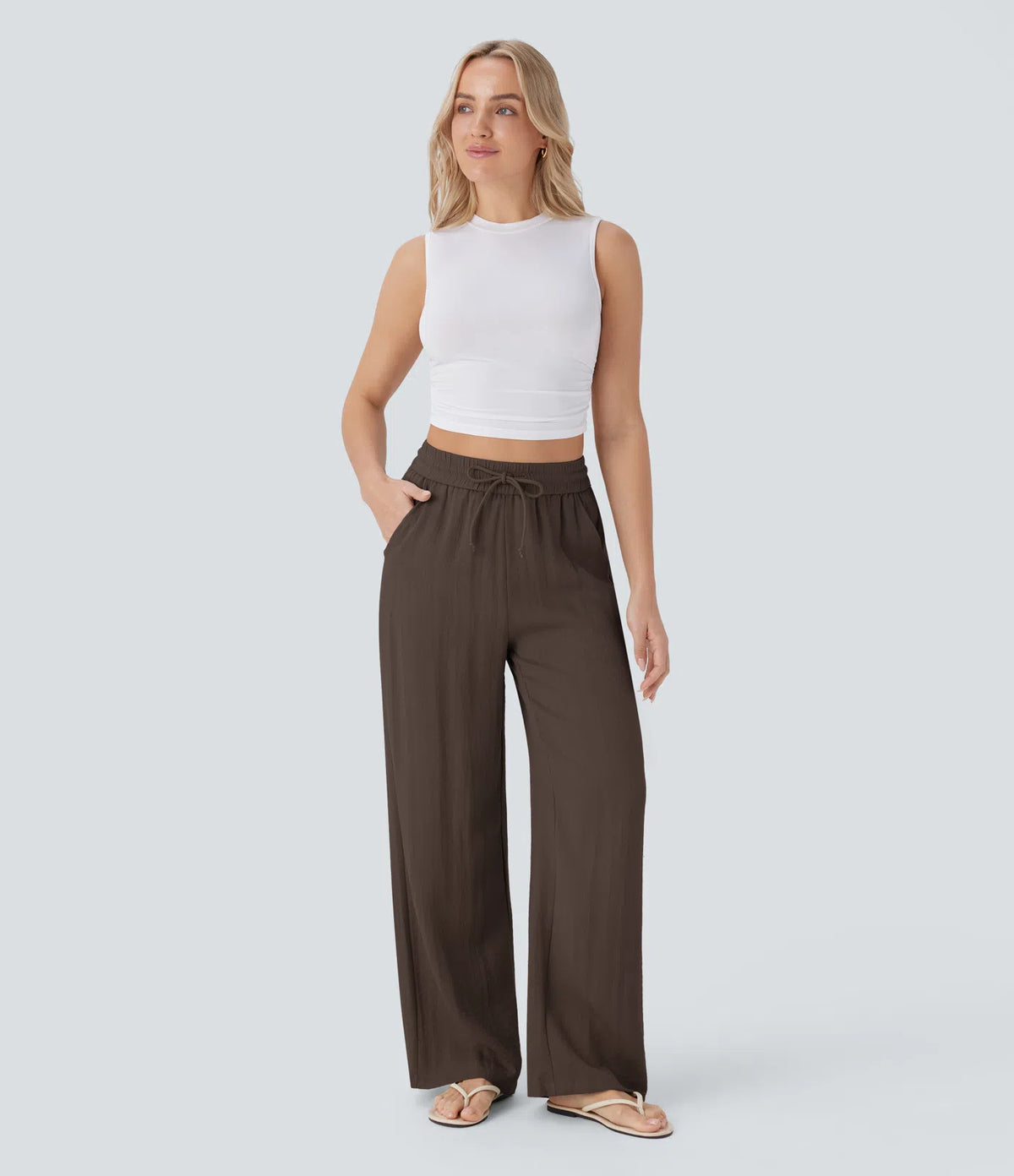 High Waisted Drawstring Pocket Wide Leg Baggy Casual Linen-Feel Pants