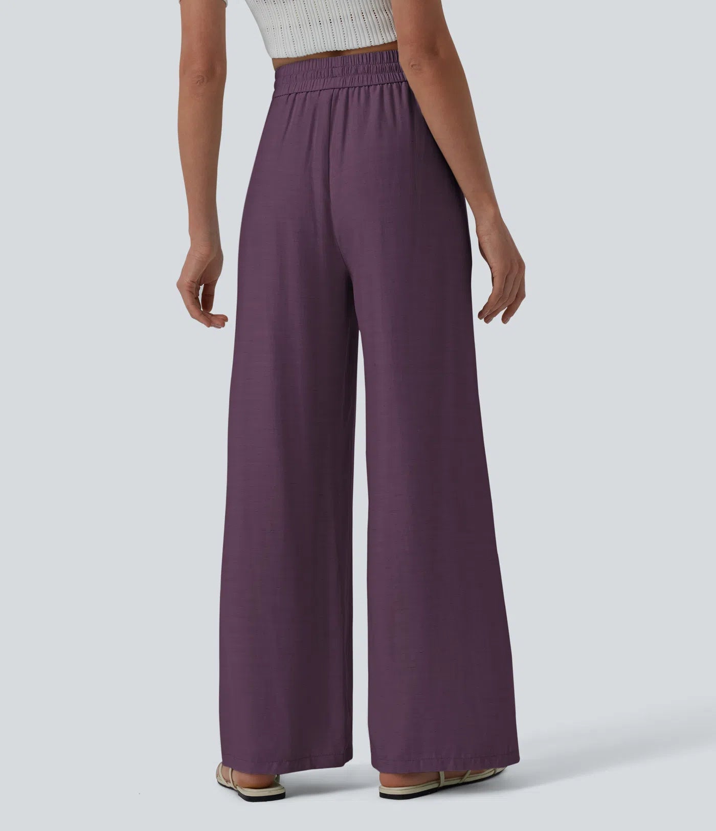 High Waisted Drawstring Wide Leg Casual Linen-Blend Pants with Pockets