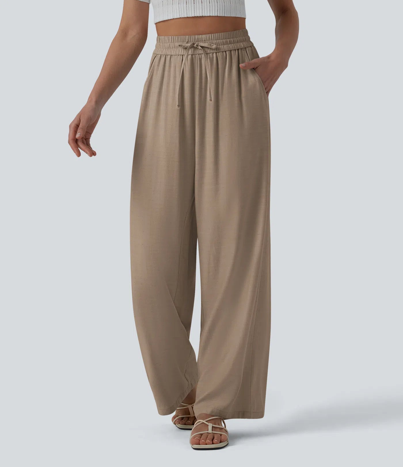 High Waisted Drawstring Wide Leg Casual Linen-Blend Pants with Pockets