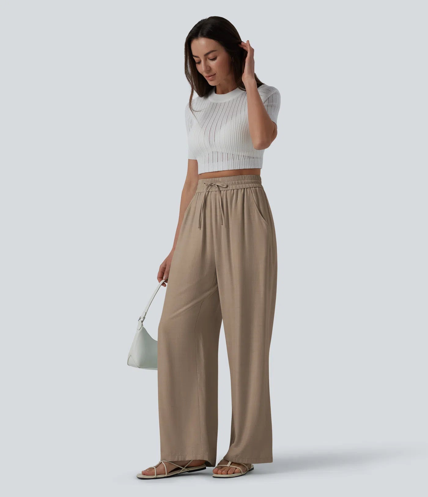 High Waisted Drawstring Wide Leg Casual Linen-Blend Pants with Pockets