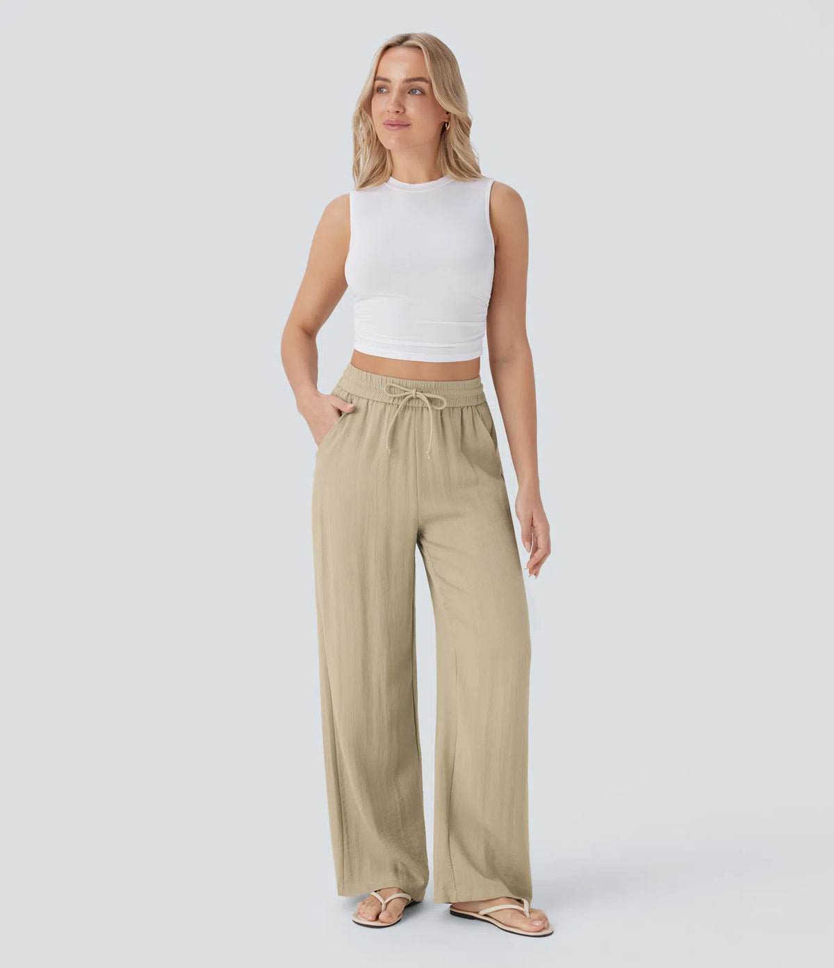 High Waisted Drawstring Pocket Wide Leg Baggy Casual Linen-Feel Pants