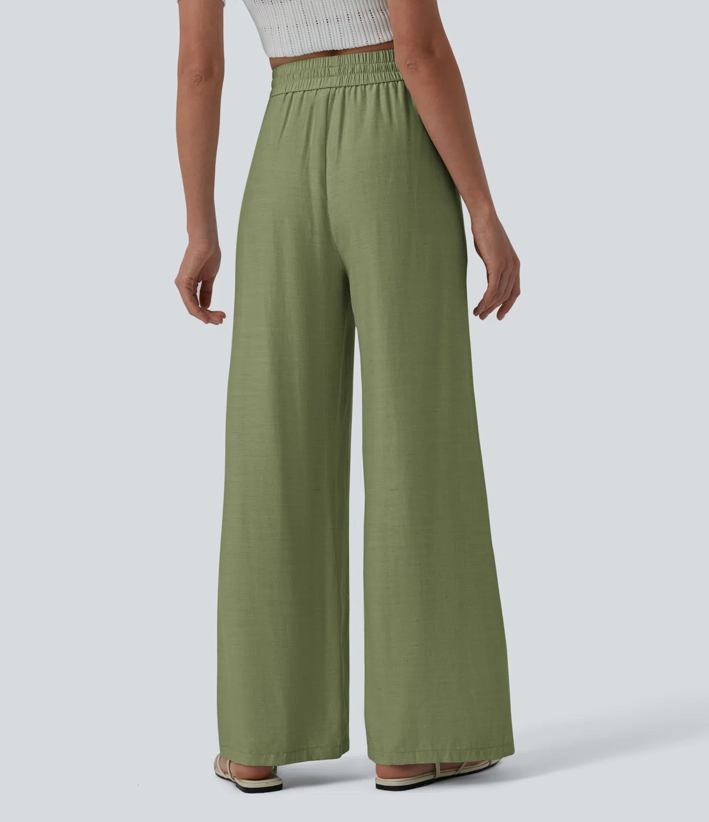 High Waisted Drawstring Wide Leg Casual Linen-Blend Pants with Pockets