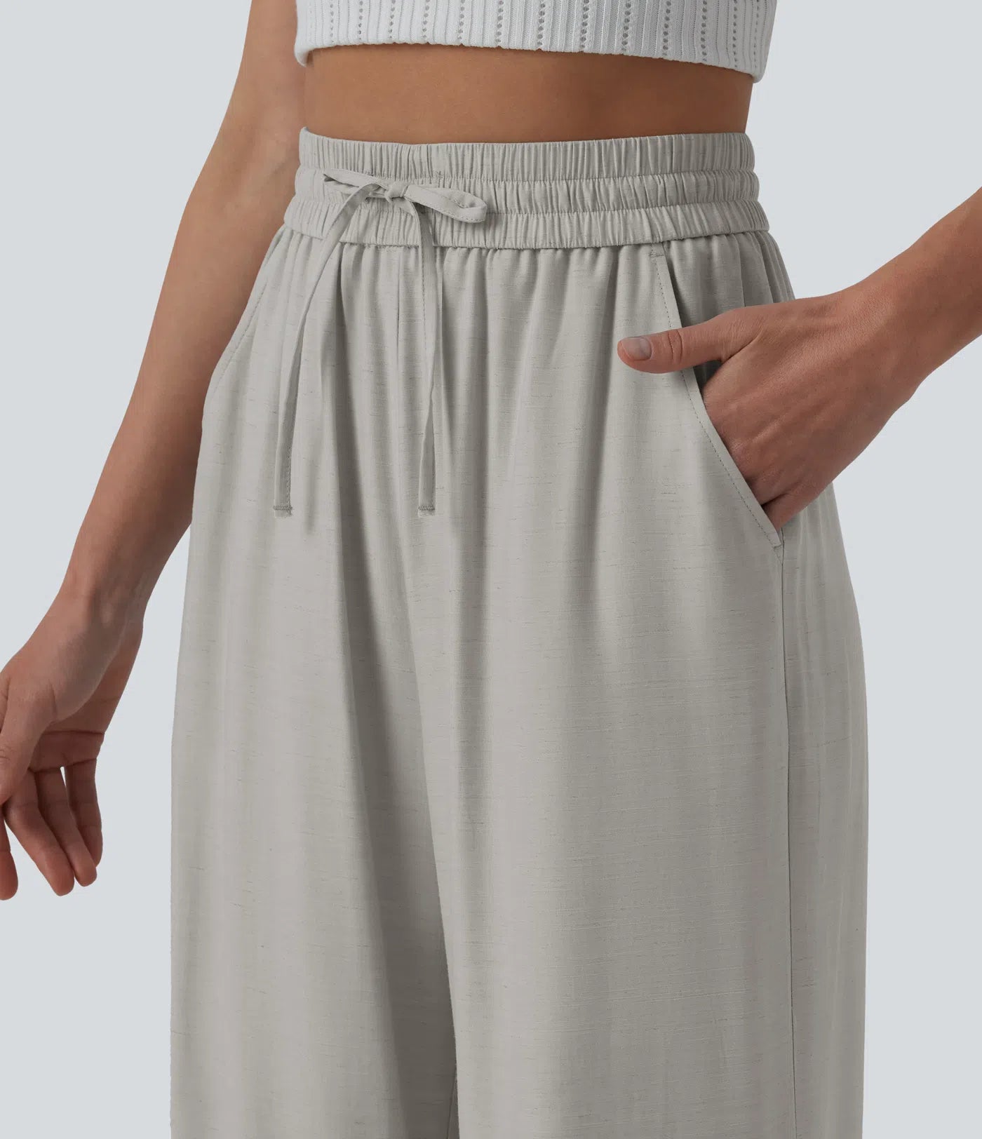 High Waisted Drawstring Wide Leg Casual Linen-Blend Pants with Pockets