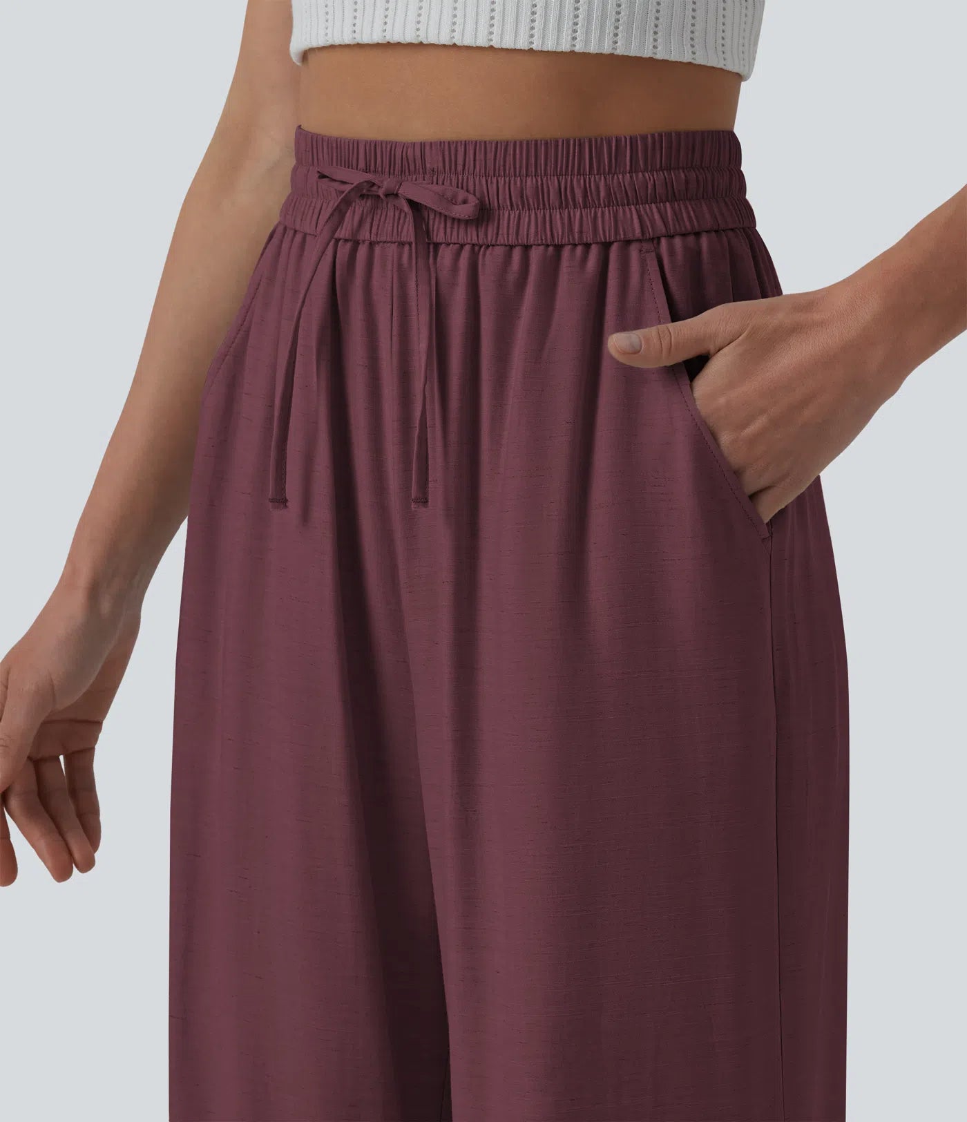 High Waisted Drawstring Wide Leg Casual Linen-Blend Pants with Pockets