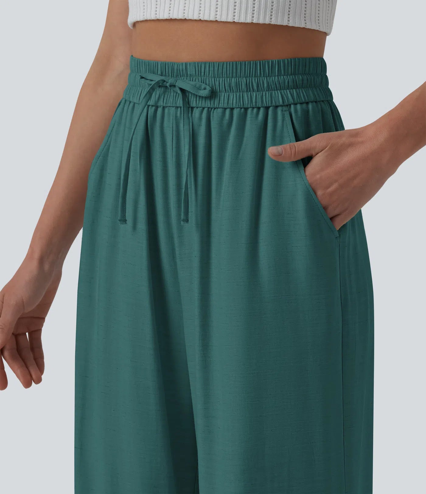 High Waisted Drawstring Wide Leg Casual Linen-Blend Pants with Pockets