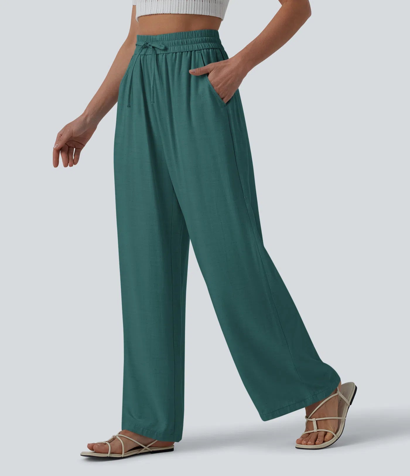 High Waisted Drawstring Wide Leg Casual Linen-Blend Pants with Pockets