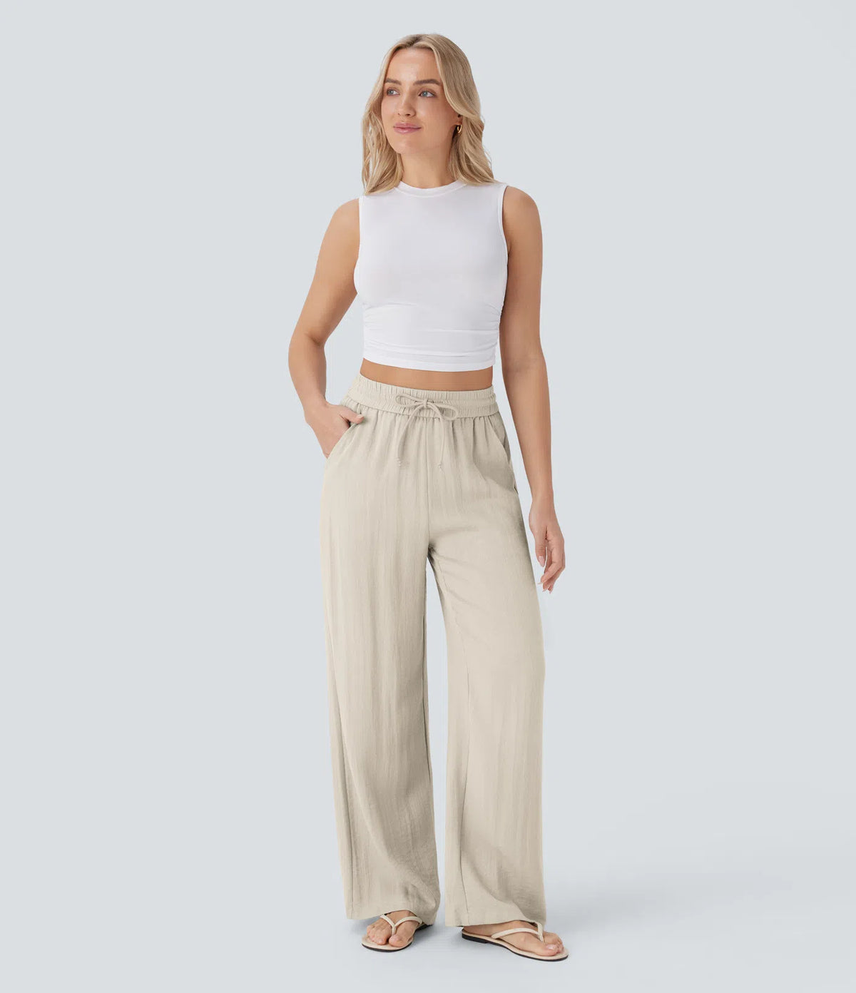 High Waisted Drawstring Pocket Wide Leg Baggy Casual Linen-Feel Pants