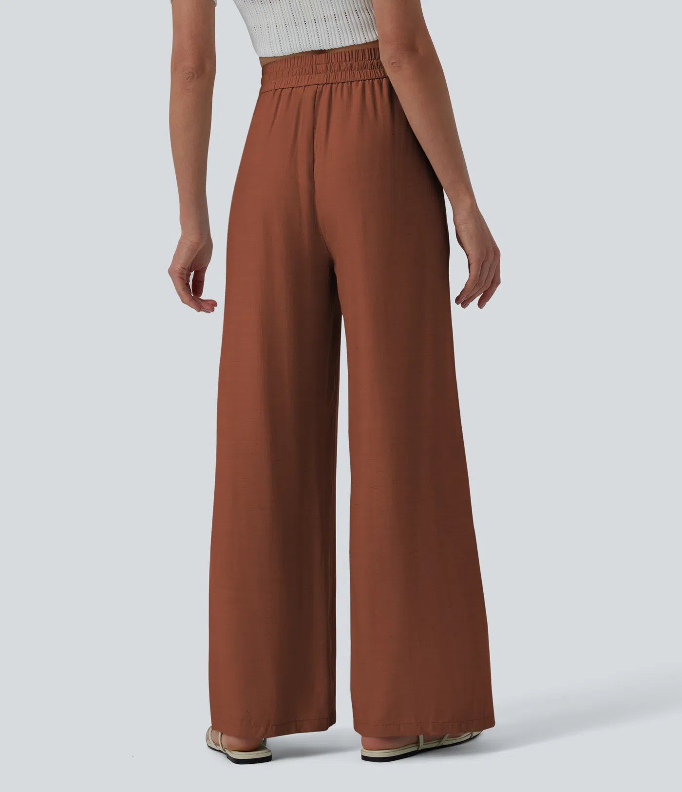 High Waisted Drawstring Wide Leg Casual Linen-Blend Pants with Pockets