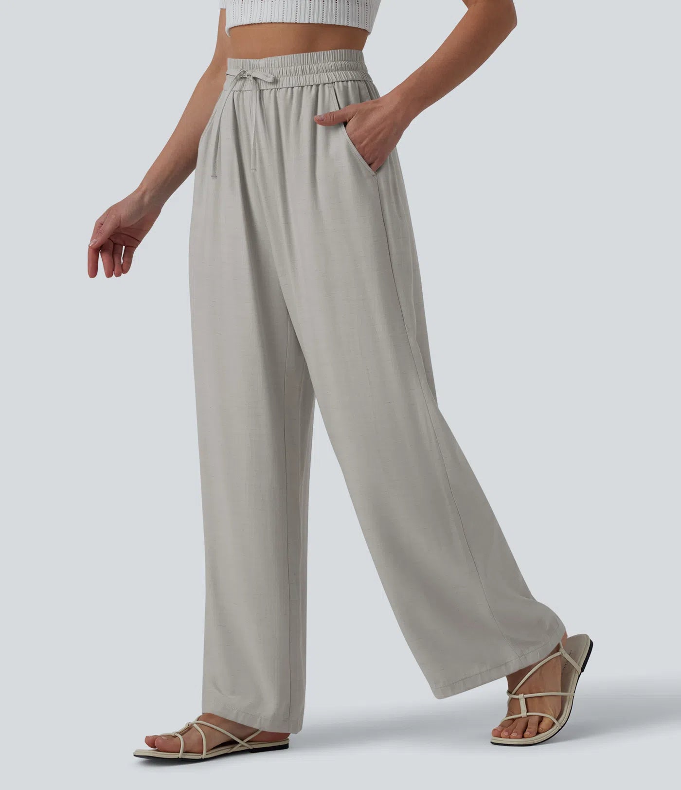 High Waisted Drawstring Wide Leg Casual Linen-Blend Pants with Pockets