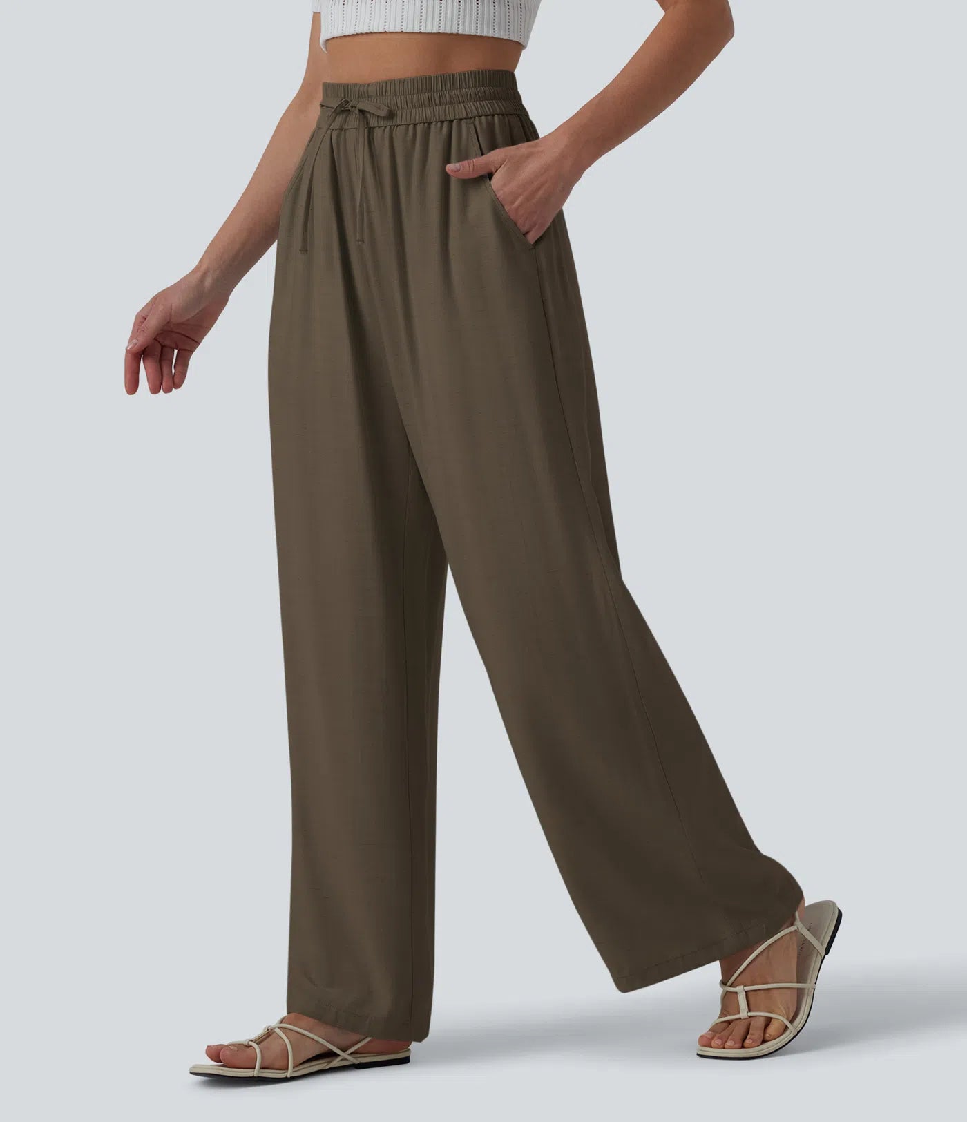 High Waisted Drawstring Wide Leg Casual Linen-Blend Pants with Pockets