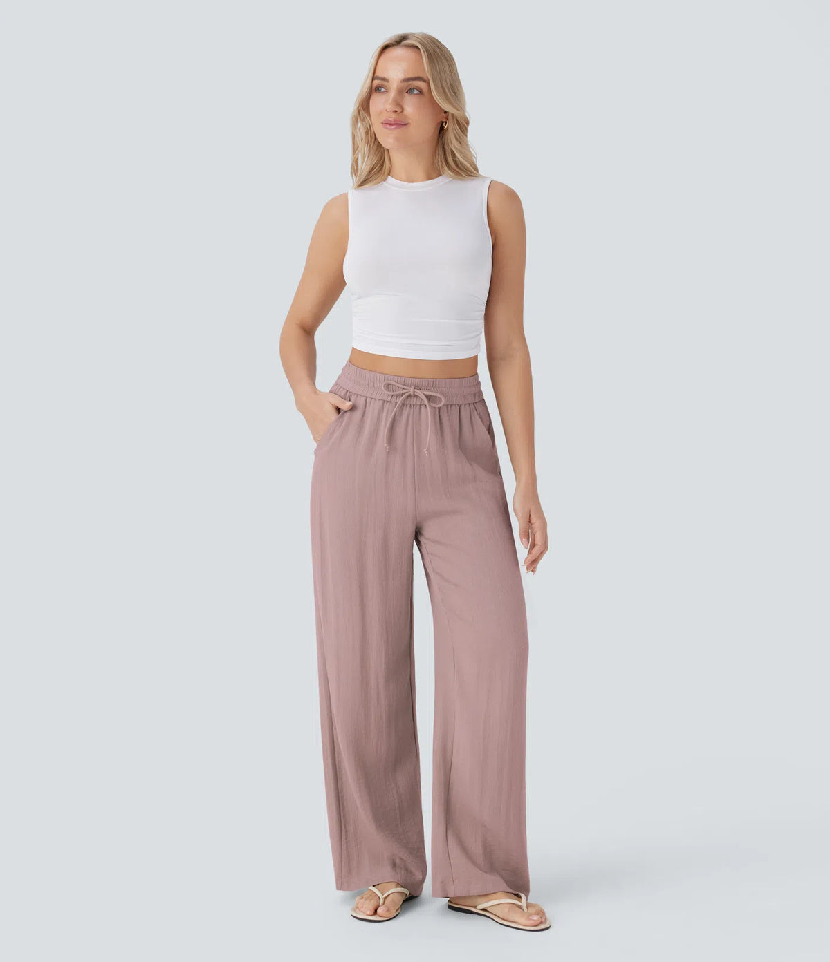 High Waisted Drawstring Pocket Wide Leg Baggy Casual Linen-Feel Pants