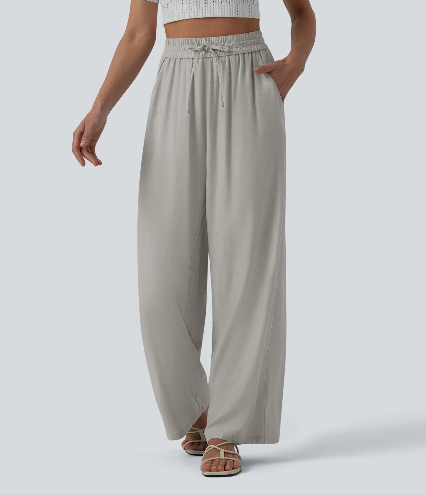 High Waisted Drawstring Wide Leg Casual Linen-Blend Pants with Pockets