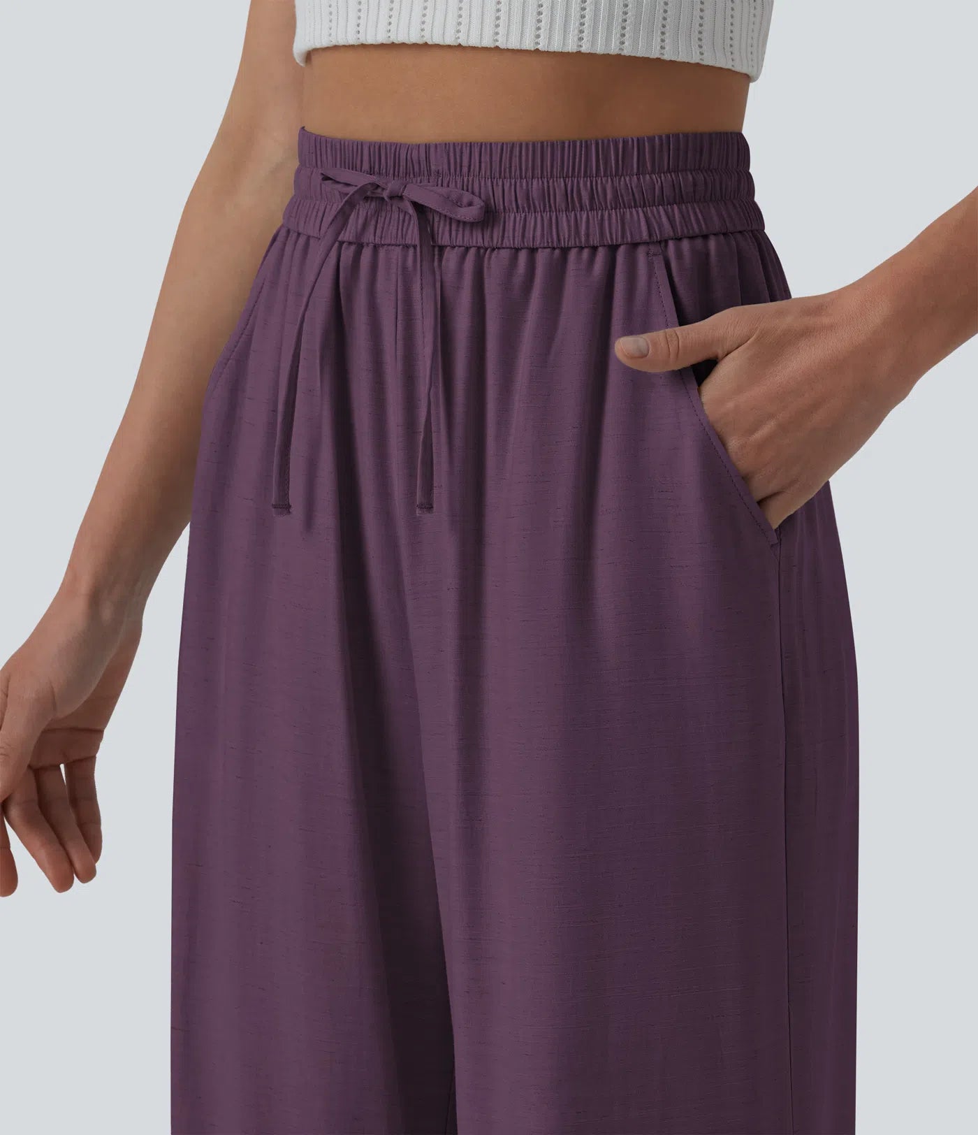 High Waisted Drawstring Wide Leg Casual Linen-Blend Pants with Pockets