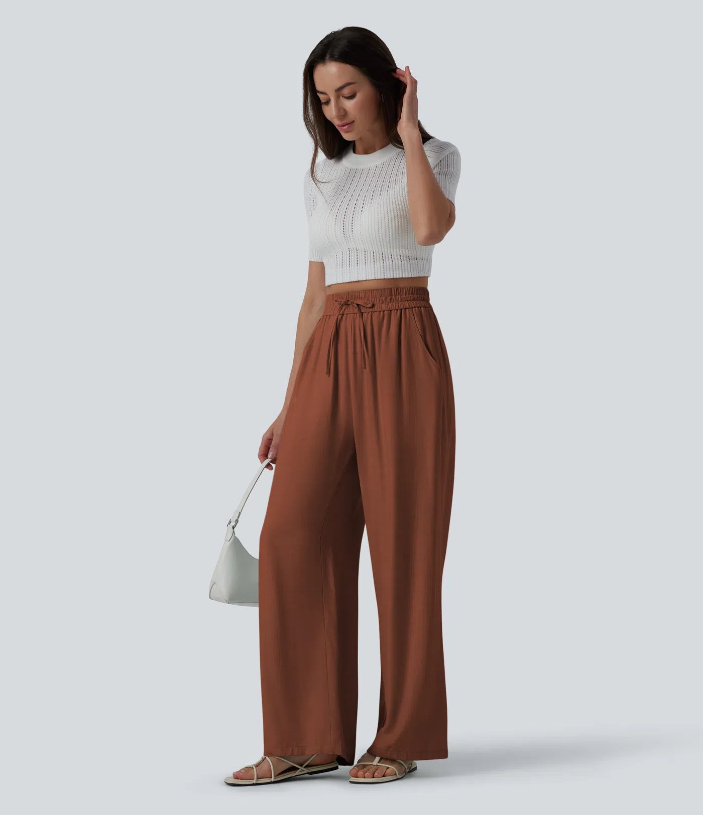 High Waisted Drawstring Wide Leg Casual Linen-Blend Pants with Pockets