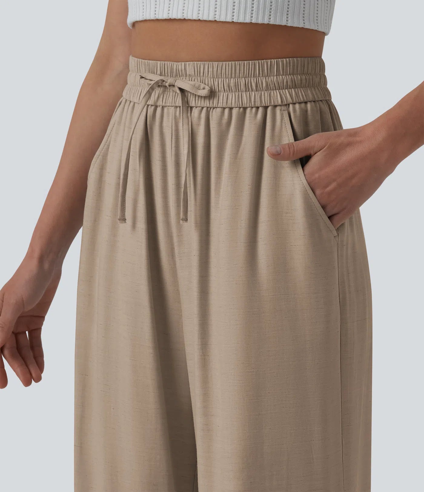 High Waisted Drawstring Wide Leg Casual Linen-Blend Pants with Pockets